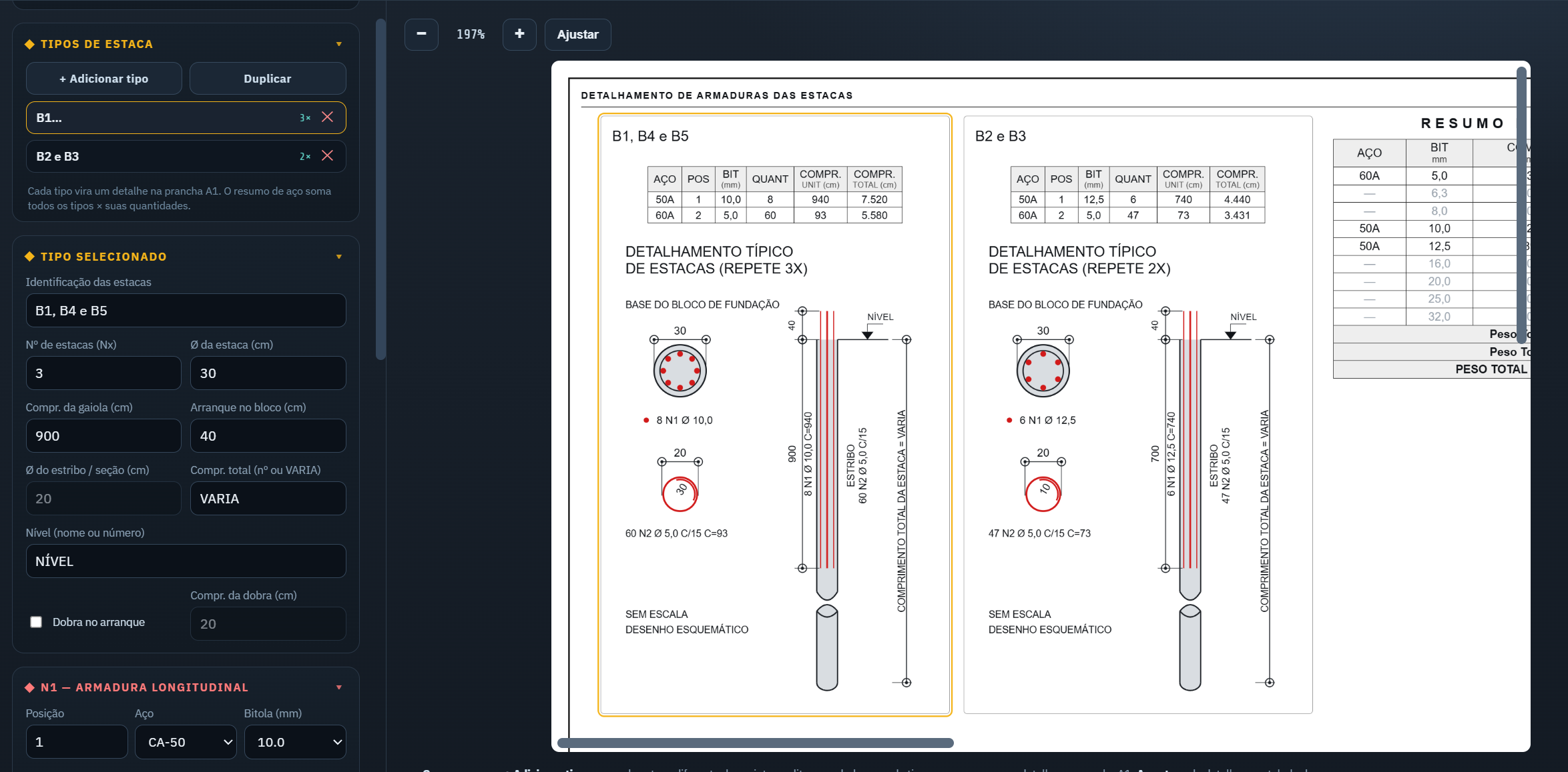 Painel lateral do DET-STAKAS com tipos de estaca e configurações